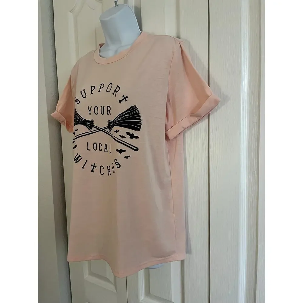 Women’s “Support Your Local Witches” Graphic T-Shirt Halloween Broom Bats M